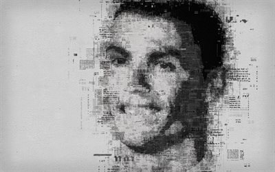 Cristiano Ronaldo, CR7, 4k, portrait, face, newspaper art, creative portrait, Portuguese footballer, Real Madrid, Spain