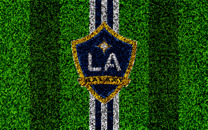 Los Angeles Galaxy, 4k, MLS, le football pelouse, logo, club de football am&#233;ricain, blanc, bleu lignes, texture d&#39;herbe, Los Angeles, Californie, etats-unis, de la Ligue Majeure de Soccer, de football, de LA Galaxie