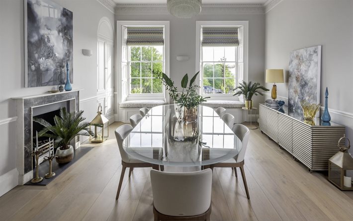 interni dal design moderno, vivente, stanza, stile classico, soggiorno con camino, grande tavolo di vetro, idea per uno stile classico soggiorno