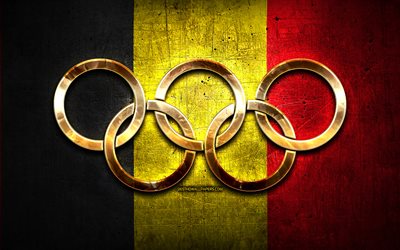 Belgian olympiajoukkueen, kultaiset olympiarenkaat, Belgia Olympialaisissa, luova, Belgian lippu, metalli tausta, Belgian Olympiajoukkueen, Belgian lipun