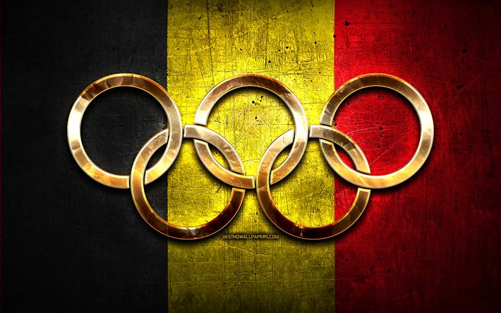 Belgian olympiajoukkueen, kultaiset olympiarenkaat, Belgia Olympialaisissa, luova, Belgian lippu, metalli tausta, Belgian Olympiajoukkueen, Belgian lipun