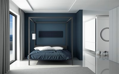 白青いベッドルーム, 4k, 青いベッド, モダンなインテリア, 白家具, 余白の内装, モダンなデザイン, ベッドルーム