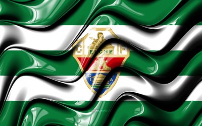 Elche lippu, 4k, vihre&#228; ja valkoinen 3D-aallot, LaLiga, espanjan football club, Elche FC, jalkapallo, Elche-logo, Liiga, Elche CF