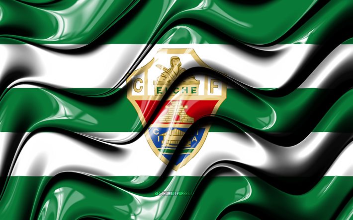 Elche bandeira, 4k, verde e branco 3D ondas, LaLiga, clube de futebol espanhol, Elche FC, futebol, Elche logotipo, A Liga, Elche CF