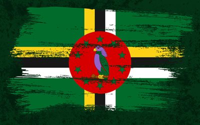 4k, Dominikas flagga, grunge flaggor, nordamerikanska l&#228;nder, nationella symboler, penseldrag, Dominikanska flaggan, grunge konst, Dominica flagga, Nordamerika, Dominica