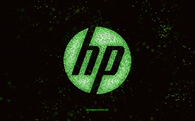 HP glitterlogotyp, svart bakgrund, HP-logotyp, gr&#246;n glitterkonst, HP, kreativ konst, HP gr&#246;n glitterlogotyp, Hewlett-Packard-logotyp