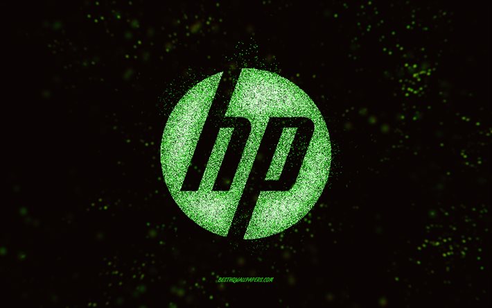 HP: n kimalluslogo, musta tausta, HP-logo, vihre&#228; kimallustaide, HP, luovaa taidetta, HP: n vihre&#228; kimallelogo, Hewlett-Packard-logo