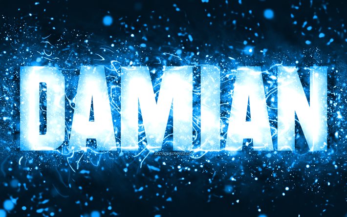 Feliz Anivers&#225;rio Damian, 4k, luzes de n&#233;on azuis, Nome Damian, criativo, Damian Birthday, nomes populares americanos masculinos, imagem com o nome Damian, Damian