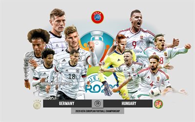 Saksa vs Unkari, UEFA Euro 2020, Esikatselu, mainosmateriaalit, jalkapalloilijat, Euro 2020, jalkapallo-ottelu, Saksan jalkapallomaajoukkue, Unkarin jalkapallojoukkue
