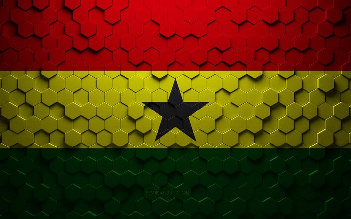 Bandeira de Gana, arte de favo de mel, bandeira de hex&#225;gonos de Gana, Gana, arte de hex&#225;gonos em 3D, bandeira de Gana