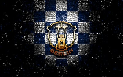 Eisbaren Berlin, logo glitter, DEL, sfondo blu a scacchi bianchi, hockey, squadra tedesca di hockey, logo Eisbaren Berlin, arte del mosaico, Deutsche Eishockey Liga, campionato tedesco di hockey