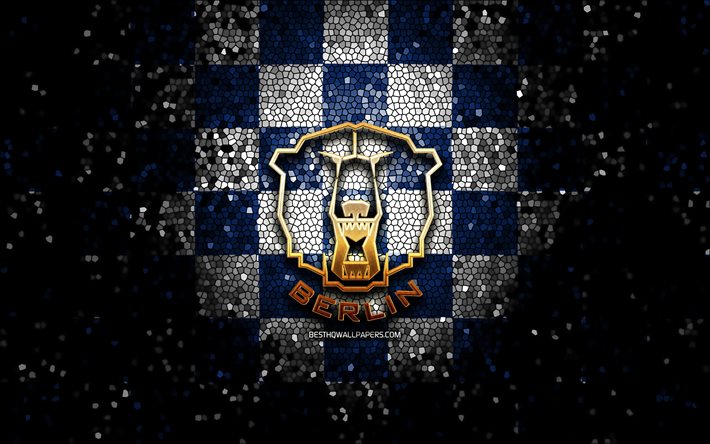 Eisbaren Berlin, parlak logo, DEL, mavi beyaz damalı arka plan, hokey, alman hokey takımı, Eisbaren Berlin logosu, mozaik sanatı, Deutsche Eishockey Liga, alman hokey ligi