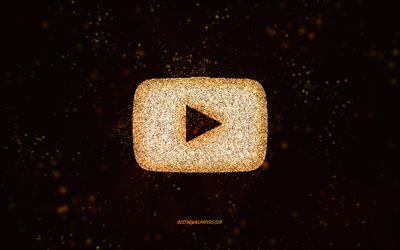 YouTube glitter logo, black background, Overwatch logo, gold glitter art, YouTube, creative art, YouTube gold glitter logo, YouTube gold button