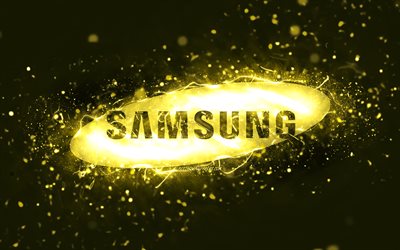 Samsung gul logotyp, 4k, gula neonljus, kreativ, gul abstrakt bakgrund, Samsung-logotyp, varum&#228;rken, Samsung