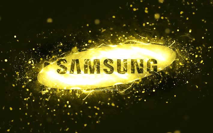 Samsungin keltainen logo, 4k, keltaiset neonvalot, luova, keltainen abstrakti tausta, Samsungin logo, tuotemerkit, Samsung