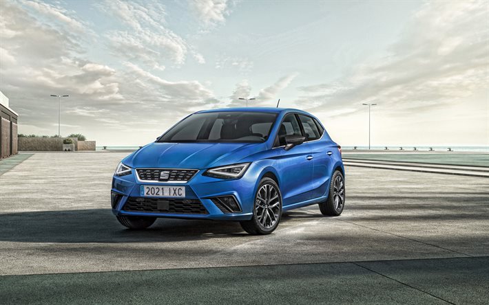 2021, Seat Ibiza Xcellence, 4k, exterior, front view, blue hatchback, new blue Seat Ibiza, Spanish cars, Seat