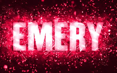 Happy Birthday Emery, 4k, pink neon lights, Emery name, creative, Emery Happy Birthday, Emery Birthday, popular american female names, picture with Emery name, Emery