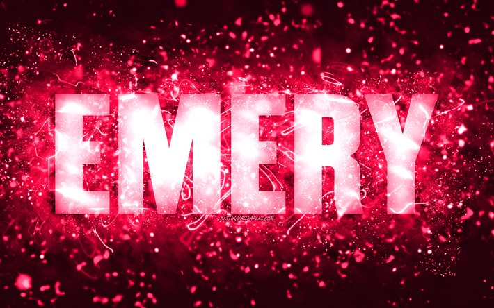 Buon compleanno Emery, 4k, luci al neon rosa, nome Emery, creativo, Compleanno Emery, nomi femminili americani popolari, foto con nome Emery, Emery