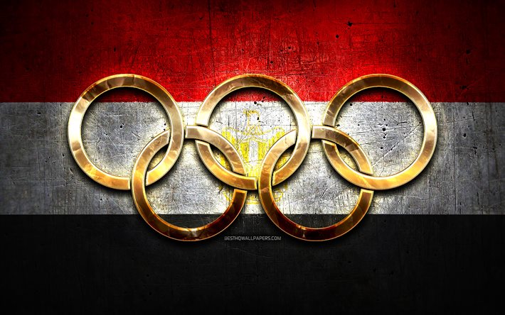 Egyptian olympic team, golden olympic rings, Egypt at the Olympics, creative, Egyptian flag, metal background, Egypt Olympic Team, flag of Egypt