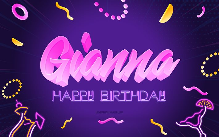 Grattis p&#229; f&#246;delsedagen Gianna, 4k, Purple Party Background, Gianna, creative art, Happy Gianna birthday, Gianna name, Gianna Birthday, Birthday Party Background