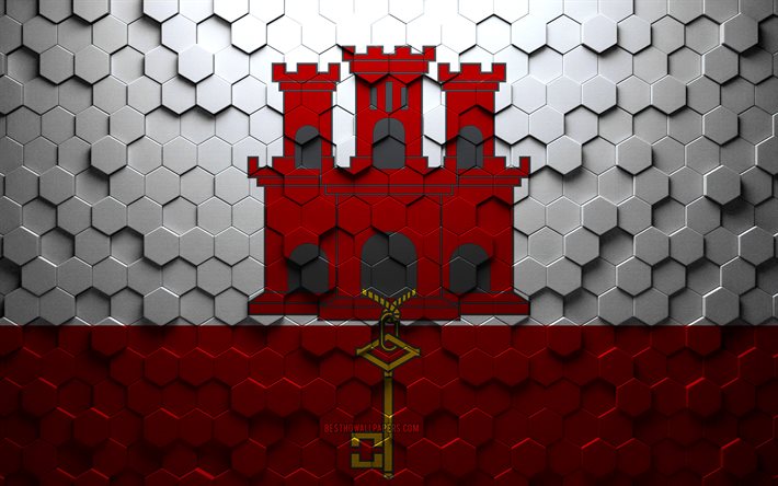 Drapeau de Gibraltar, art en nid d&#39;abeille, drapeau des hexagones de Gibraltar, Gibraltar, art des hexagones 3d, drapeau de Gibraltar