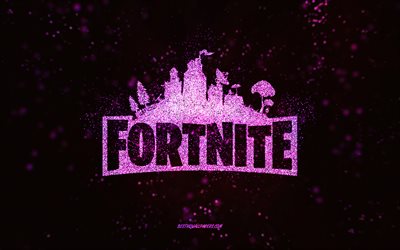 Fortnite glitter logotyp, svart bakgrund, Fortnite logotyp, rosa glitter konst, Fortnite, kreativ konst, Fortnite rosa glitter logotyp
