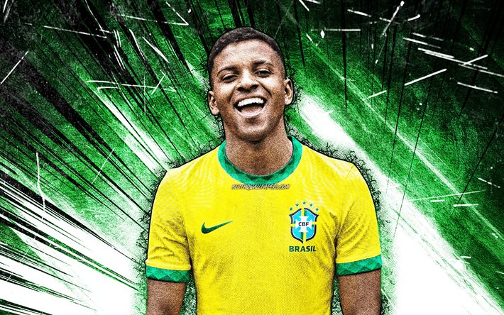 4k, Rodrygo Goes, grunge art, Brazil National Team, futbol, futbolcular, Rodrygo Silva de Goes, green abstract rays, Brezilya futbol takımı, Rodrygo Goes 4K