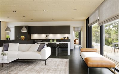 elegante design de interiores de sala de jantar, interior moderno, cozinha, cadeiras de vime de couro preto, cozinha estilo loft, sala de jantar, estilo loft