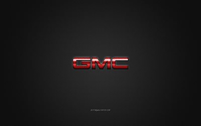 GMC logo, red logo, gray carbon fiber background, GMC metal emblem, GMC, cars brands, creative art, General Motors Company