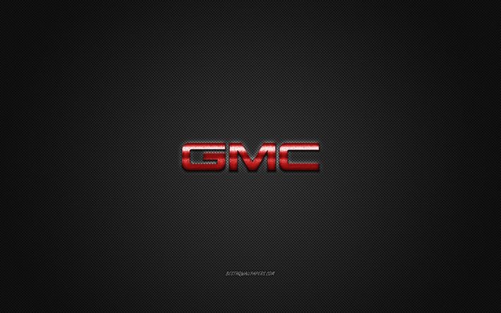 Logo GMC, logo rosso, sfondo grigio in fibra di carbonio, emblema in metallo GMC, GMC, marchi di automobili, arte creativa, General Motors Company