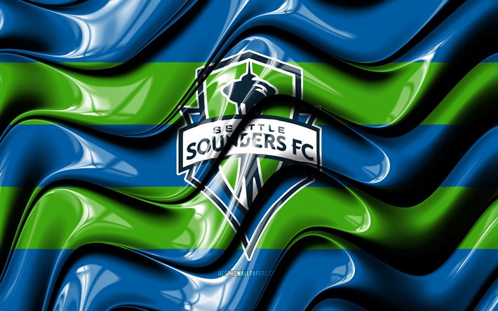 Seattle Sounders drapeau, 4k, du bleu et du vert 3D des ondes, de la MLS américaine de l'équipe de soccer, de football, de Seattle Sounders de logo, de soccer, de Seattle Sounders FC