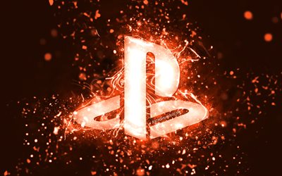 Logo PlayStation arancione, 4K, luci al neon arancioni, creativo, sfondo astratto arancione, logo PlayStation, PlayStation