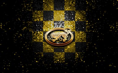 Oulun Karpat, glitter logo, Liiga, yellow black checkered background, hockey, finnish hockey team, Oulun Karpat logo, mosaic art, finnish hockey league
