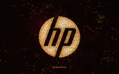 Logo HP glitter, sfondo nero, logo HP, arte glitter oro, HP, arte creativa, logo HP glitter oro, logo Hewlett-Packard