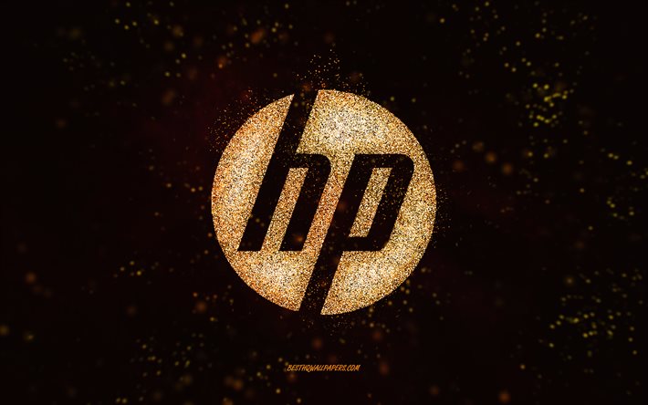 Logotipo brilhante da HP, fundo preto, logotipo da HP, arte com glitter dourado, HP, arte criativa, logotipo com glitter dourado da HP, logotipo da Hewlett-Packard