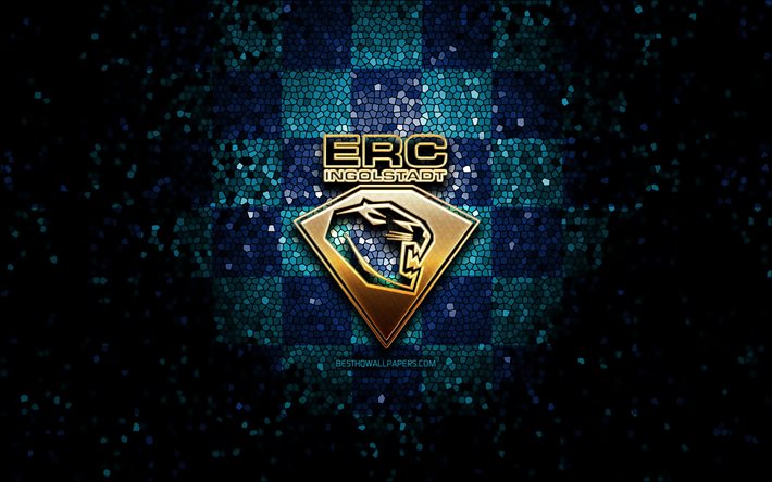 ERC Ingolstadt, parlak logo, DEL, mavi kareli arka plan, hokey, alman hokey takımı, ERC Ingolstadt logosu, mozaik sanatı, Deutsche Eishockey Liga, alman hokey ligi