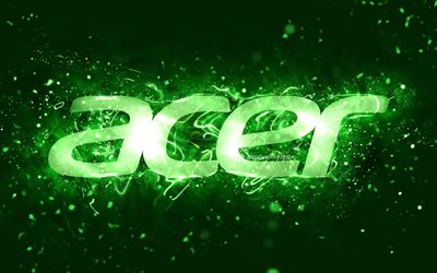 Acer green logo, 4k, green neon lights, creative, green abstract background, Acer logo, brands, Acer