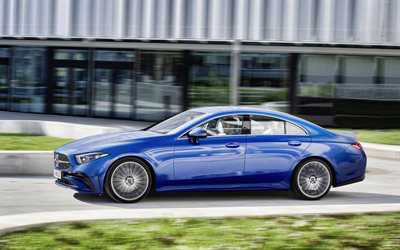 2022, Mercedes-Benz CLS, 4k, esterno, vista frontale, nuova CLS blu, berlina di lusso, auto tedesche, Mercedes