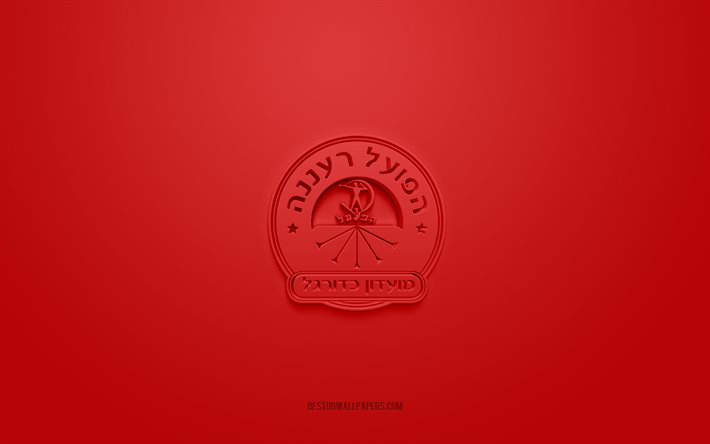 Hapoel Raanana AFC, squadra di calcio israeliana, logo rosso, sfondo rosso in fibra di carbonio, Premier League israeliana, calcio, Raanana, Israele, logo Hapoel Raanana AFC