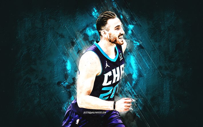Gordon Hayward, Charlotte Hornets, NBA, American basketball player, blue stone background, basketball, USA