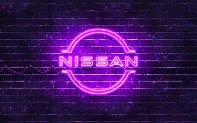 Logo violet Nissan, 4k, brickwall violet, logo Nissan, marques de voitures, logo n&#233;on Nissan, Nissan
