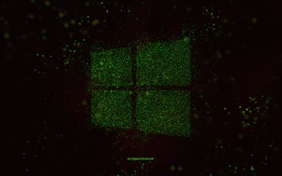 Windows glitter logo, black background, Windows logo, green glitter art, Windows, creative art, Windows green glitter logo, Windows 10 logo