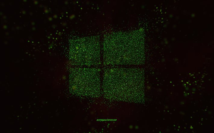 Windowsのキラキラロゴ, 黒の背景, Windowsロゴ, 緑のキラキラアート, Windows, クリエイティブアート, Windowsグリーンのキラキラロゴ, Microsoft Windows 10