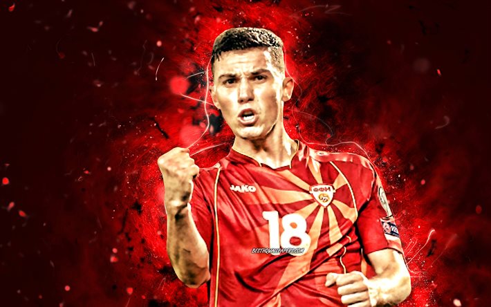 Vlatko Stojanovski, 4k, North Macedonia National Team, soccer, footballers, red neon lights, Macedonian football team, Vlatko Stojanovski 4K