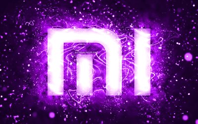 Logotipo da Xiaomi violeta, 4k, luzes de néon violeta, criativo, fundo abstrato violeta, logotipo da Xiaomi, marcas, Xiaomi
