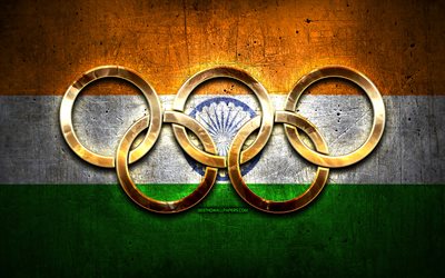Indian olympic team, golden olympic rings, India at the Olympics, creative, Indian flag, metal background, India Olympic Team, flag of India