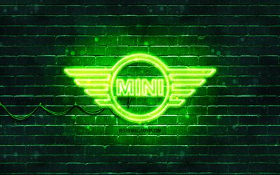 Mini logo verde, 4k, muro di mattoni verde, Mini logo, marchi di automobili, Mini logo neon, Mini