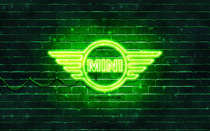 Mini green logo, 4k, green brickwall, Mini logo, cars brands, Mini neon logo, Mini