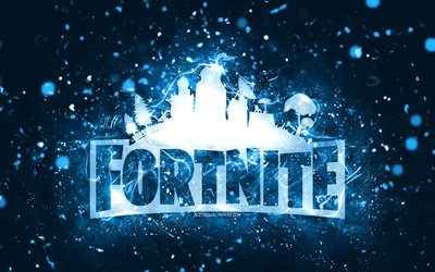 Fortnite blue logo, 4k, blue neon lights, creative, blue abstract background, Fortnite logo, online games, Fortnite