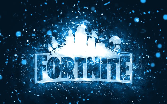 Logo blu Fortnite, 4k, luci al neon blu, creativo, sfondo astratto blu, logo Fortnite, giochi online, Fortnite
